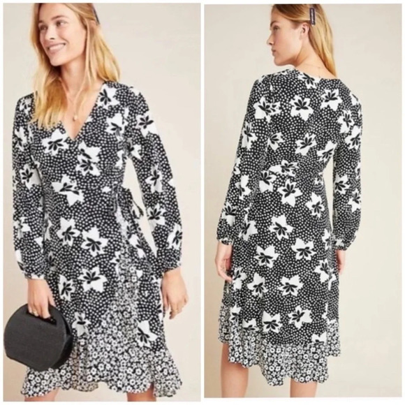 Anthropologie Dresses & Skirts - Anthropologie Porridge Black White Floral Amity Wrap Dress Size XS Long Sleeve